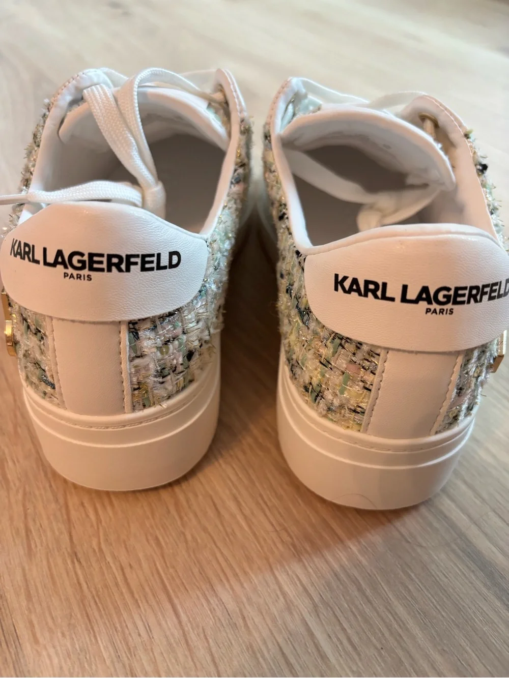 Karl Lagerfeld White Tweed Platform Espadrille Sneakers with Gold Accents
